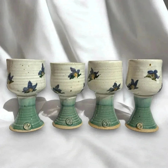 Vintage Handmade Orchid Stoneware Wine Goblet Set of 4 - Picture 1 of 7